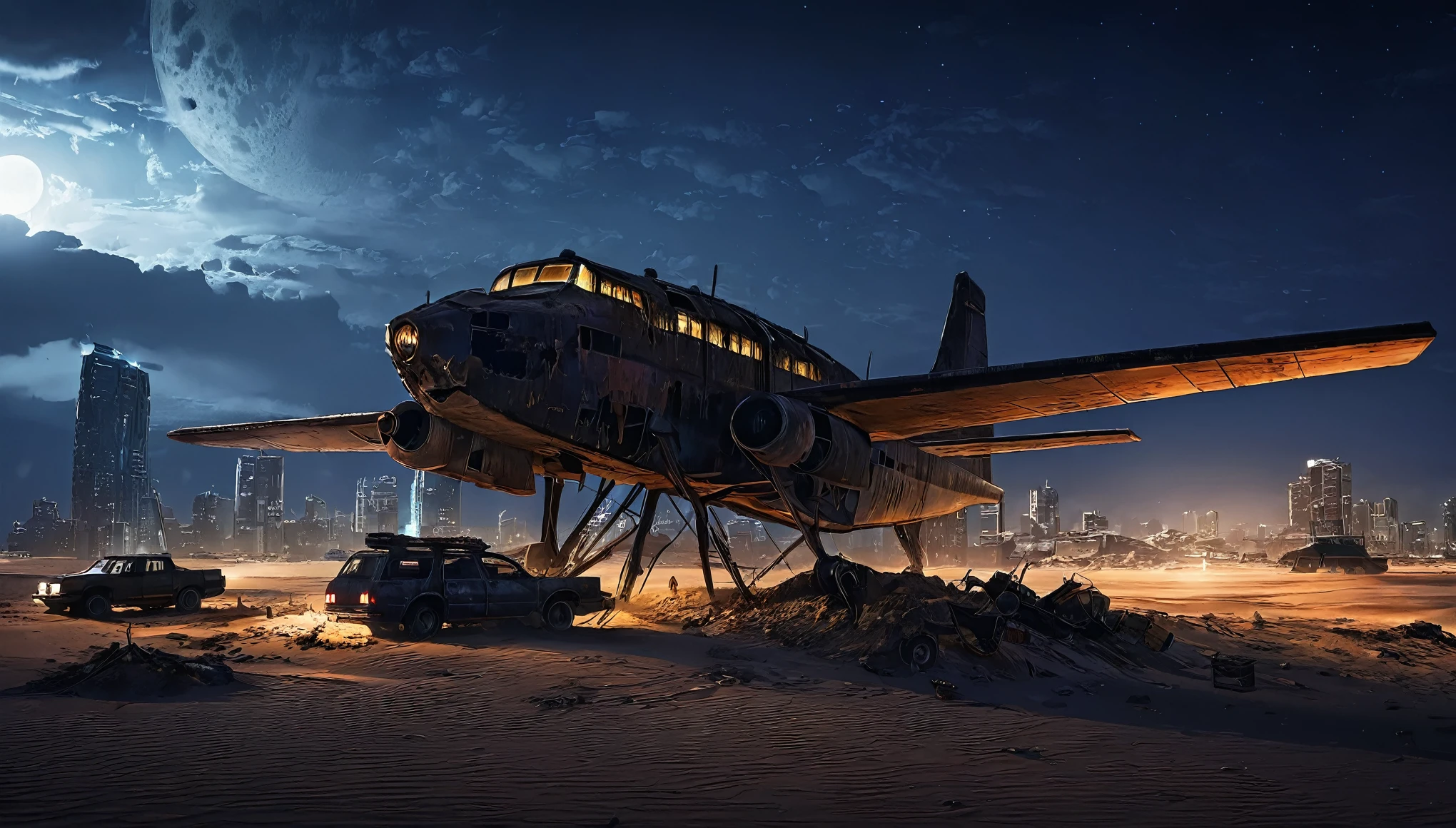 plane desert night city post apocalyptic
