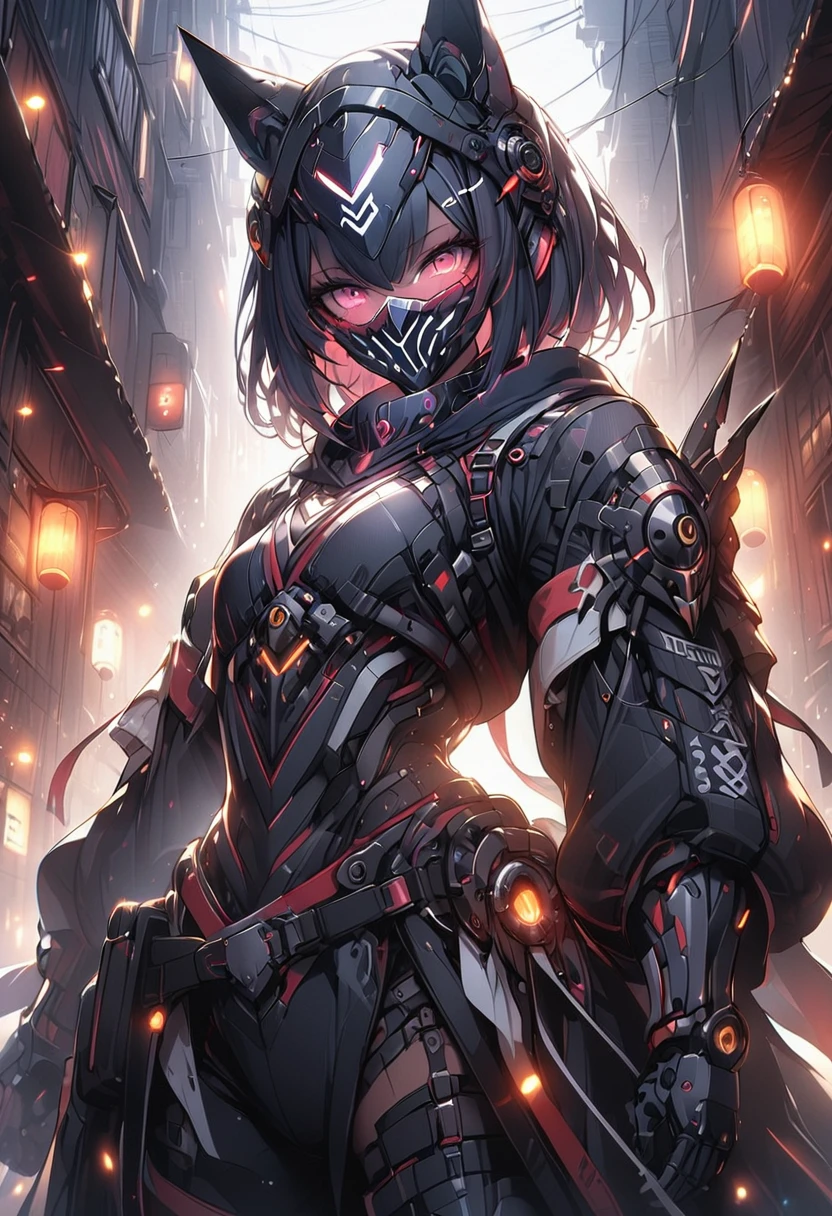 ((masterpiece,high resolution,best quality,8K))
(一名黑皮肤female子,,flat chest,slim,Black short hair,Dark Skin)(female,60% Mechanical,Mechanical helmets,Face covering helmet)
(Black and Lights)Anubis