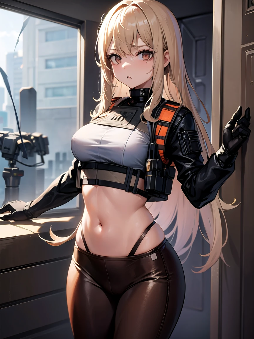 masterpiece,female,bulletproof vest,tactical,brown leggings,long straight hair,(scary:1.4),(disorder:1.5),(flushing:1.2),Pee stains