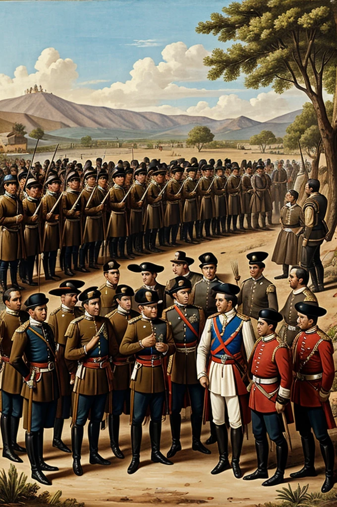 Simón Bolívar and Antonio José de Sucre giving instructions to the troops