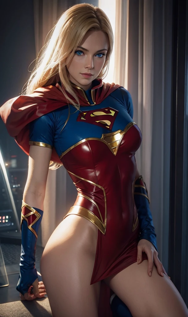 The actress Milly Alcock as the character Supergirl, perfect costume, traditional 'S' in the chest, sitting squatting, extremely beautiful blue eyes, beautiful blond hair, incredible beautiful anatomy, smooth curves, perfect anatomy, perfect smile, red cape, space in the background 