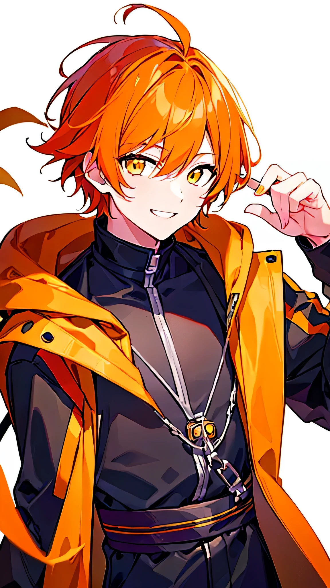 [(WHITE BACKGROUND:1.5),::5], ((((masterpiece)))), high quality, ultra very high resolution, full color, (((solo))), ((younger boy)), orange hair, (yellow eyes), anime, ((upper body)), Black parka, light smile,