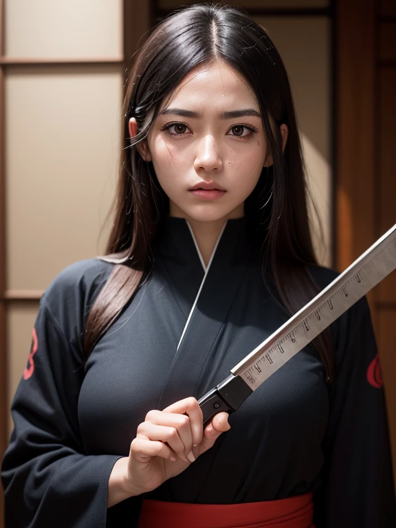 realism, 1 woman, High quality fingers, normal hand, inch details, work of art, (realism, photo-realism: 1.37), realism, 1 woman, long hair:1.5, black hair:1.2, conjunctivitis:1.5, Bright eyes, Human struggle, Ninja, blood, scar, weapon, kimono, wear, Human struggle suit, Big breasts, Fighting posture, calm gaze, measure, meditation, injury, หน้ากากNinja, Cover half the face, (sweat:  1)