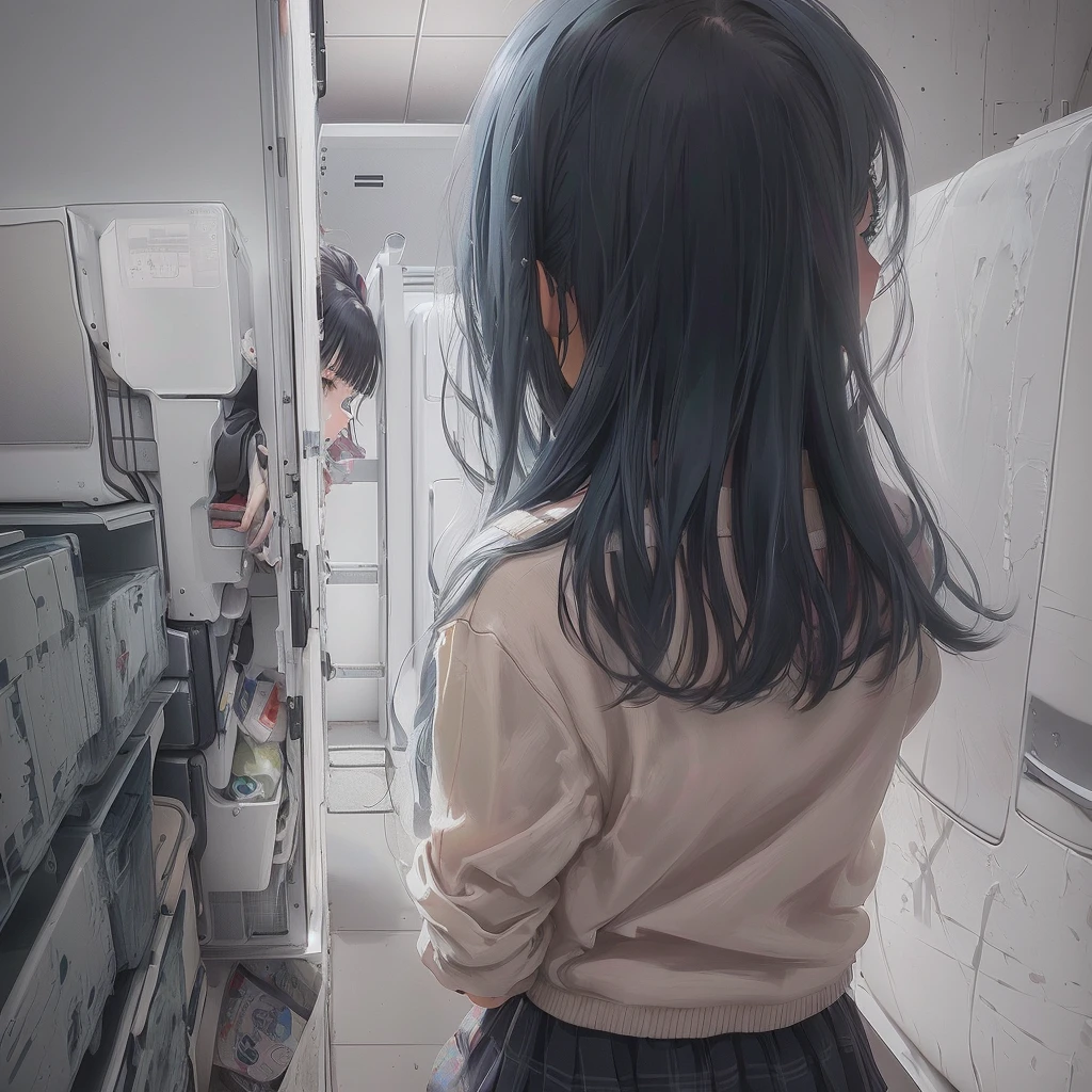 Anime girl looking into a fridge with a refrigerator in the background, Soft anime illustration, Realistic Anime 3D Style, Painted in an anime artist's studio, dark. by makoto shinkai, Realistic anime art style, Anime Aesthetics, Semi-realistic anime style, Anime Girl Profile, Anime realism style, Beautiful and detailed anime art, Photorealistic Animation, アニメの女の子she is a japanese woman she is 17 years old. she is very skinny. Her shoulders are very narrow. she is naked. her breasts are small. She is 170 cm tall. She weighs 35kg. She has a transparent pink cunt exposed. She draws the female genitalia clearly.Her outline is thin and she doesn't use black, A sweet look in love. Her cheeks are dyed red. Japanese painting. pale watercolor. Do not draw outlines.The uterus and vagina are visible through the skin. The skin is transparent and the organs are visible.Very thin, small breasts, thin legs Pink straight hair, brown eyes, A short skirt with a checkered pattern, a tie of the same color as the skirt, and a navy blue blazer.Female genitalia exposed. with an anarchic color scheme.A Japanese high school girl is coming home from school and changing her clothes, exposing her skin.She is wearing a navy blazer, a plaid/checkered skirt, black knee-high socks, and has long pink hair, wearing glasses.The genitals are exposed and conspicuous.I'm changing clothes in my room and I'm naked. She doesn't even wear underwear.Do not draw outlines. A pale watercolor painting. Color saturation is low.