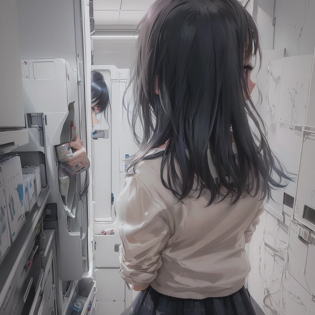Anime girl looking into a fridge with a refrigerator in the background, Soft anime illustration, Realistic Anime 3D Style, Painted in an anime artist&#39;s studio, dark. by makoto shinkai, Realistic anime art style, Anime Aesthetics, Semi-realistic anime style, Anime Girl Profile, Anime realism style, Beautiful and detailed anime art, Photorealistic Animation, アニメの女の子she is a japanese woman she is 17 years old. she is very skinny. Her shoulders are very narrow. she is naked. her breasts are small. She is 170 cm tall. She weighs 35kg. She has a transparent pink cunt exposed. She draws the female genitalia clearly.Her outline is thin and she doesn't use black, A sweet look in love. Her cheeks are dyed red. Japanese painting. pale watercolor. Do not draw outlines.The uterus and vagina are visible through the skin. The skin is transparent and the organs are visible.Very thin, small breasts, thin legs Pink straight hair, brown eyes, A short skirt with a checkered pattern, a tie of the same color as the skirt, and a navy blue blazer.Female genitalia exposed.  with an anarchic color scheme.A Japanese high school girl is coming home from school and changing her clothes, exposing her skin.She is wearing a navy blazer, a plaid/checkered skirt, black knee-high socks, and has long pink hair, wearing glasses.The genitals are exposed and conspicuous.I'm changing clothes in my room and I'm naked. She doesn't even wear underwear.Do not draw outlines. A pale watercolor painting. Color saturation is low.