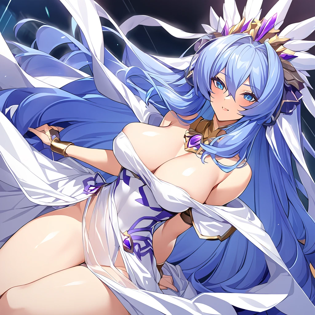 ((Highest quality)), ((masterpiece)), (detailed), (Perfect Face)、The woman is wearing a pure white see-through chemise dress with gold embroidery and trim, and her naked body is visible through it. All of her clothes are pure white and see-through, making her the image of a beautiful goddess.、Women are gods who became part of the Greek goddesses々The wife of Zeus, the king of the gods, the goddess Hera Extella、The woman is the beautiful, sacred queen of the one and only god, Zeus, the goddess Hera Axtia. She has medium-long blue hair, an engagement ring, a see-through cape, and gorgeous accessories. She is an elegant goddess and a beautiful queen of the gods.
