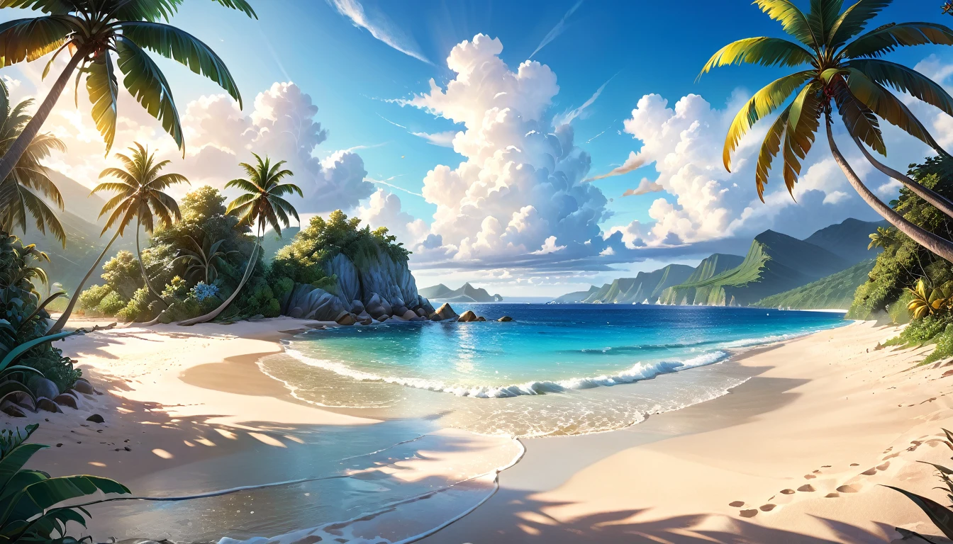 A tranquil seaside landscape, sun-drenched ocean, golden sand beach, beautiful detailed clouds, serene atmosphere, oil painting, lush tropical foliage, warm inviting light, soft pastel colors, enchanting dream-like quality, ultra-detailed, (best quality,4k,8k,highres,masterpiece:1.2),ultra-detailed,(realistic,photorealistic,photo-realistic:1.37),landscape,seascape,seascape painting,tropical paradise,idyllic beach scene,cinematic lighting,vibrant colors,stunning realism