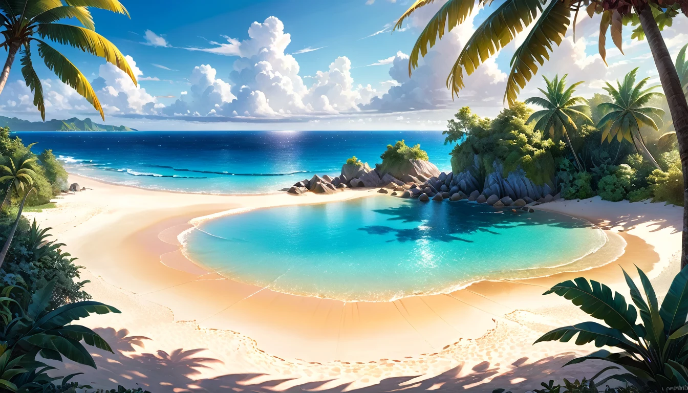 A tranquil seaside landscape, sun-drenched ocean, golden sand beach, beautiful detailed clouds, serene atmosphere, oil painting, lush tropical foliage, warm inviting light, soft pastel colors, enchanting dream-like quality, ultra-detailed, (best quality,4k,8k,highres,masterpiece:1.2),ultra-detailed,(realistic,photorealistic,photo-realistic:1.37),landscape,seascape,seascape painting,tropical paradise,idyllic beach scene,cinematic lighting,vibrant colors,stunning realism