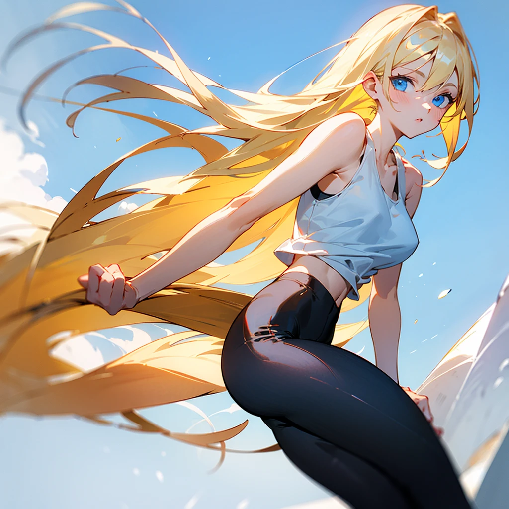 blonde girl, blue eyes, long blonde hair, white tank top, tight fitting black pants.