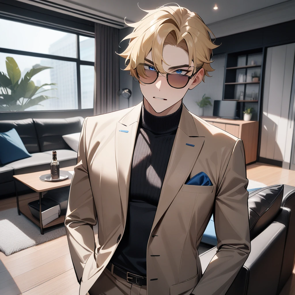 1boy, atractive,suit,brown and blonde hair,sunglasses,blue eyes,livingroom,cool,masterpiece,very aesthetic,newest,sensitive