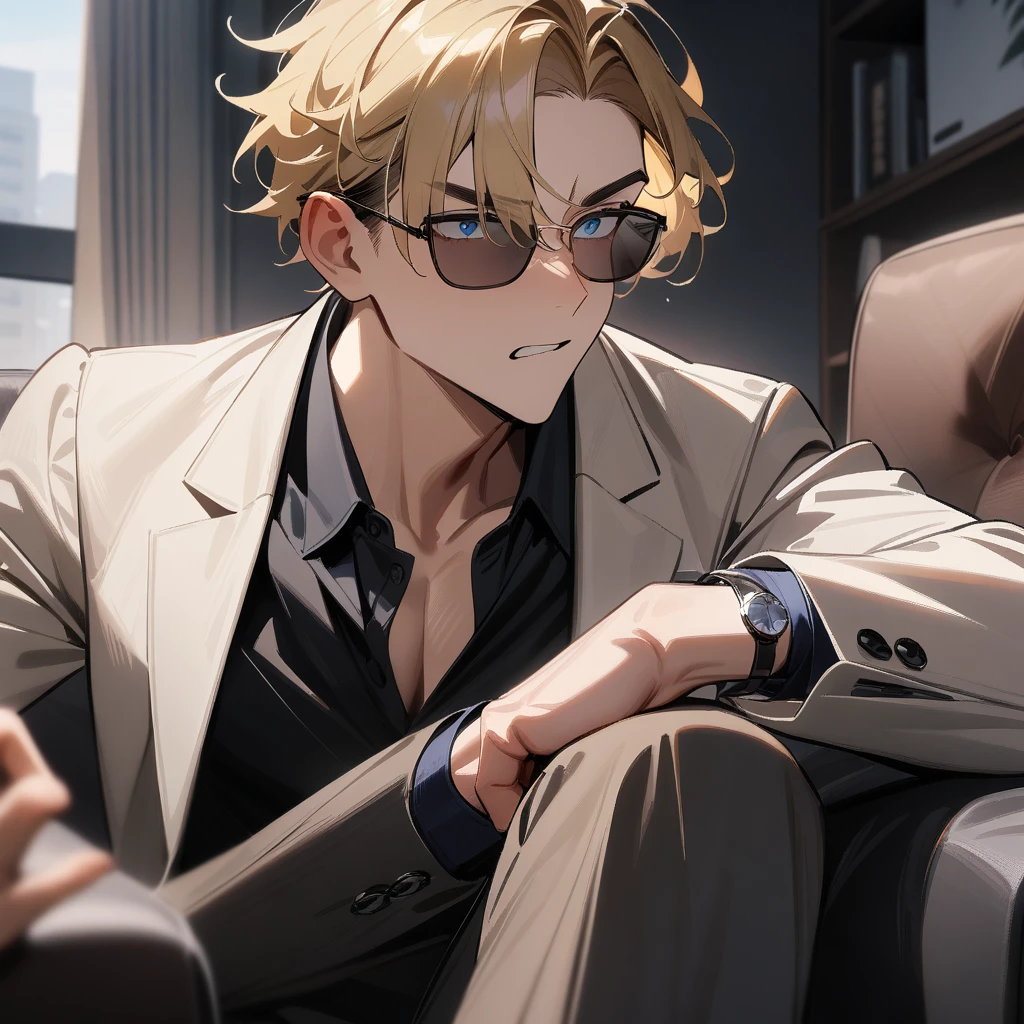 1boy, atractive,suit,brown and blonde hair,sunglasses,blue eyes,livingroom,cool,masterpiece,very aesthetic,newest,sensitive