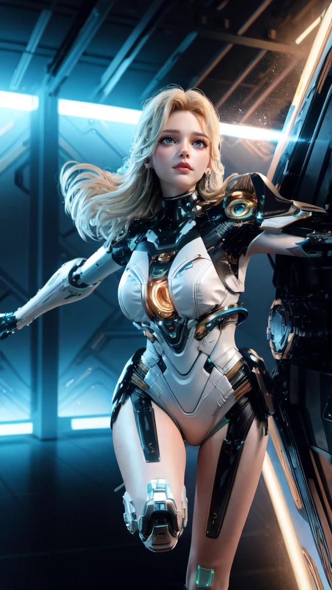 8K, Raw photo, highest quality, masterpiece, Very Long Shot, aerial view, cinematic lighting,| female cyborg with exposed mechanical parts, dynamic shooting poses to showcase her agility as she moves through the futuristic landscape, breaking off the heavens

