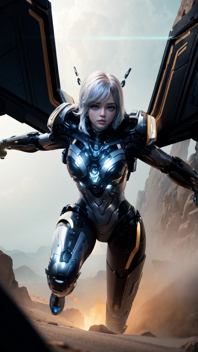 8K, Raw photo, highest quality, masterpiece, Very Long Shot, aerial view, cinematic lighting,| female cyborg with exposed mechanical parts, dynamic shooting poses to showcase her agility as she moves through the futuristic landscape, breaking off the heavens

