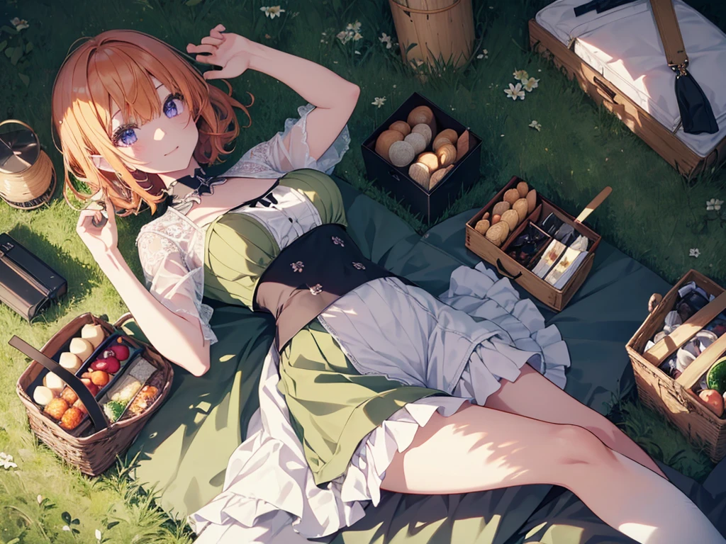 Woman lying on her back in the grass, (Recall,food:1.3),(picnic:1.3),basket, Elf Ears, Park with a view, Highest quality, grassland park, blue sky, hiking, Best image quality,Perfect Anatomy,masterpiece,Ultra-detailed,beautiful,super high quality, Highest quality,High resolution, Very detailed,Game CG,Dutch Angle ,beautiful細部までこだわった目,Visual Arts,Five Fingers, Perfect hands,Hide your hands, {{{One Girl}}}, beautiful詳細な女の子, Game CG, Spring flower, One curl on the outside, Short Bob Hair, Pastel orange hair, Purple eyes,Stylish accessories solo, breast enhancement, Medium Shoot, woman, Take-out, Laughter, huge ,,Pastel green checkered mini skirt,Black knee-highs, {{{{{Wearing a pastel green camisole}}}}},Open your mouth, wonderful, beautiful細部までこだわった目, Highest quality, Very delicate,Masseter muscle area,Highest quality,(Official Art、Highest quality、Unity 8k wallpaper、32K、masterpiece、Ultra-detailed、超High resolution、Realistic、Photorealistic:1.2)、(Cinema Lighting:1.2)、Fire Glow Effect、The most grainy shadows on the film、Side light、Side Shot、(Ultra-detailedで複雑な3Dレンダリング)、Atelier Series, Multiple Girls