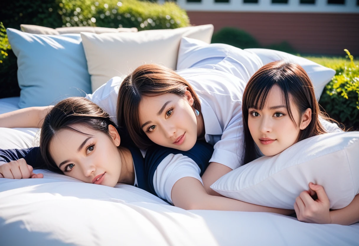 8k, raw photo, best quality, masterpiece, realistic, photo realistic, clear, professional lighting, beautiful face, best quality,ultra high res, realistic japanese beautiful, Super detailed, 2girls, clothed, outdoor, (pillow fight:1.2)