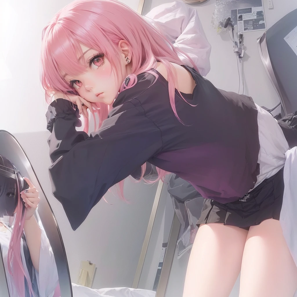Anime girl with pink hair and a black shirt leaning against a mirror, Fine details. Girls&#39; Frontline, from Girls&#39; Frontline, Girls&#39; Frontline style, Girls&#39; Frontline cg, Best anime 4k konachan wallpaper, Zerochan Art, Smooth anime CG art, Soft anime illustration, Girls&#39; Frontline, Beautiful and detailed anime art, Gwayz on pixiv artstation, グウェイズshe is a japanese woman she is 17 years old. she is very skinny. Her shoulders are very narrow. she is naked. her breasts are small. She is 170 cm tall. She weighs 35kg. She has a transparent pink cunt exposed. She draws the female genitalia clearly.Her outline is thin and she doesn't use black, A sweet look in love. Her cheeks are dyed red. Japanese painting. pale watercolor. Do not draw outlines.The uterus and vagina are visible through the skin. The skin is transparent and the organs are visible.Very thin, small breasts, thin legs Pink straight hair, brown eyes, A short skirt with a checkered pattern, a tie of the same color as the skirt, and a navy blue blazer.Female genitalia exposed.  with an anarchic color scheme.A Japanese high school girl is coming home from school and changing her clothes, exposing her skin.She is wearing a navy blazer, a plaid/checkered skirt, black knee-high socks, and has long pink hair, wearing glasses.The genitals are exposed and conspicuous.I'm changing clothes in my room and I'm naked. She doesn't even wear underwear.Do not draw outlines. A pale watercolor painting. Color saturation is low.