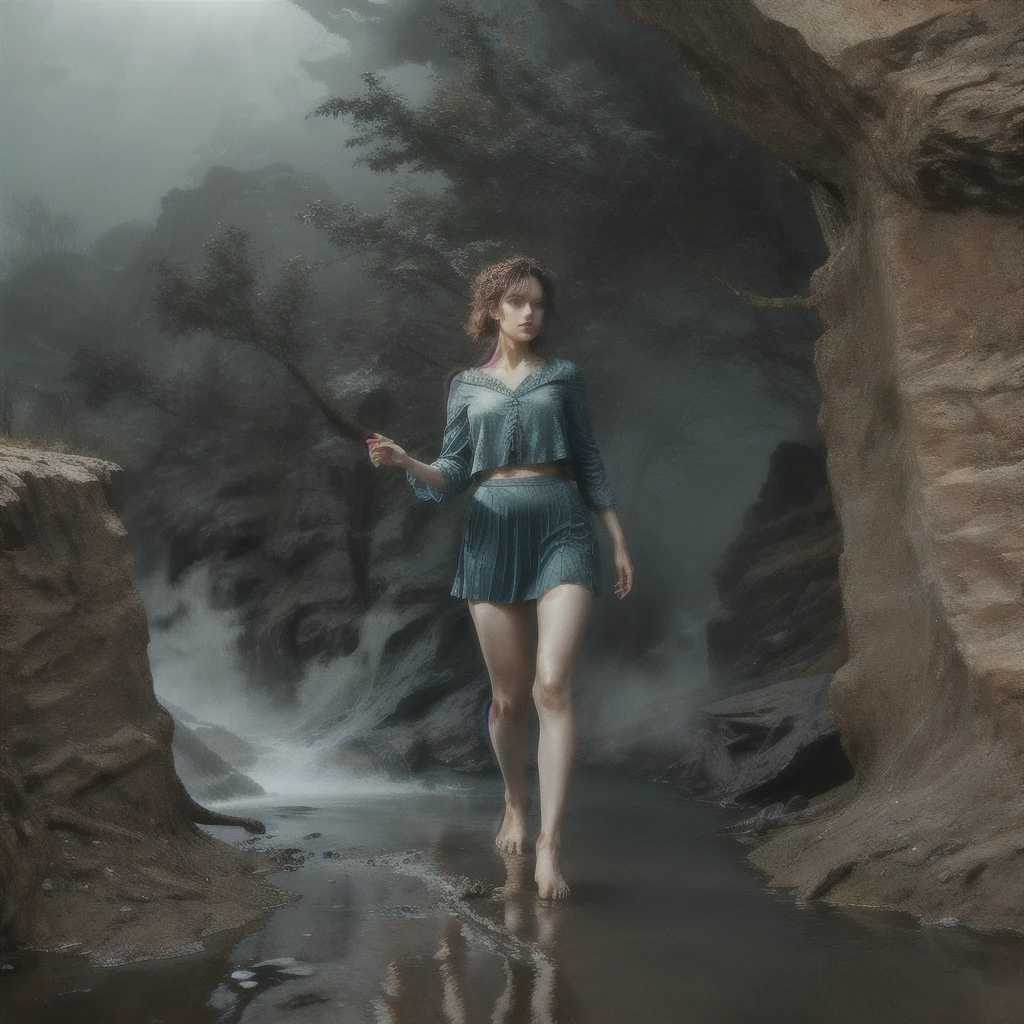 A highly detailed and hyper-realistic depiction of a princess in green skirt, in blue shirt, fire elemental girl, wearing white panties, Realistic hands. ((full body)), mybeauties, The perspective is from below. ((Full body, bare feet)). The character is surrounded by mist, evoking a mysterious and eerie atmosphere. The lighting is dark and atmospheric, with a red smoke adding a touch of sinister ambiance. The image is of the best quality, with a resolution of 4k and HDR enhancement, showcasing the utmost level of detail and realism, sfw, full body shot.