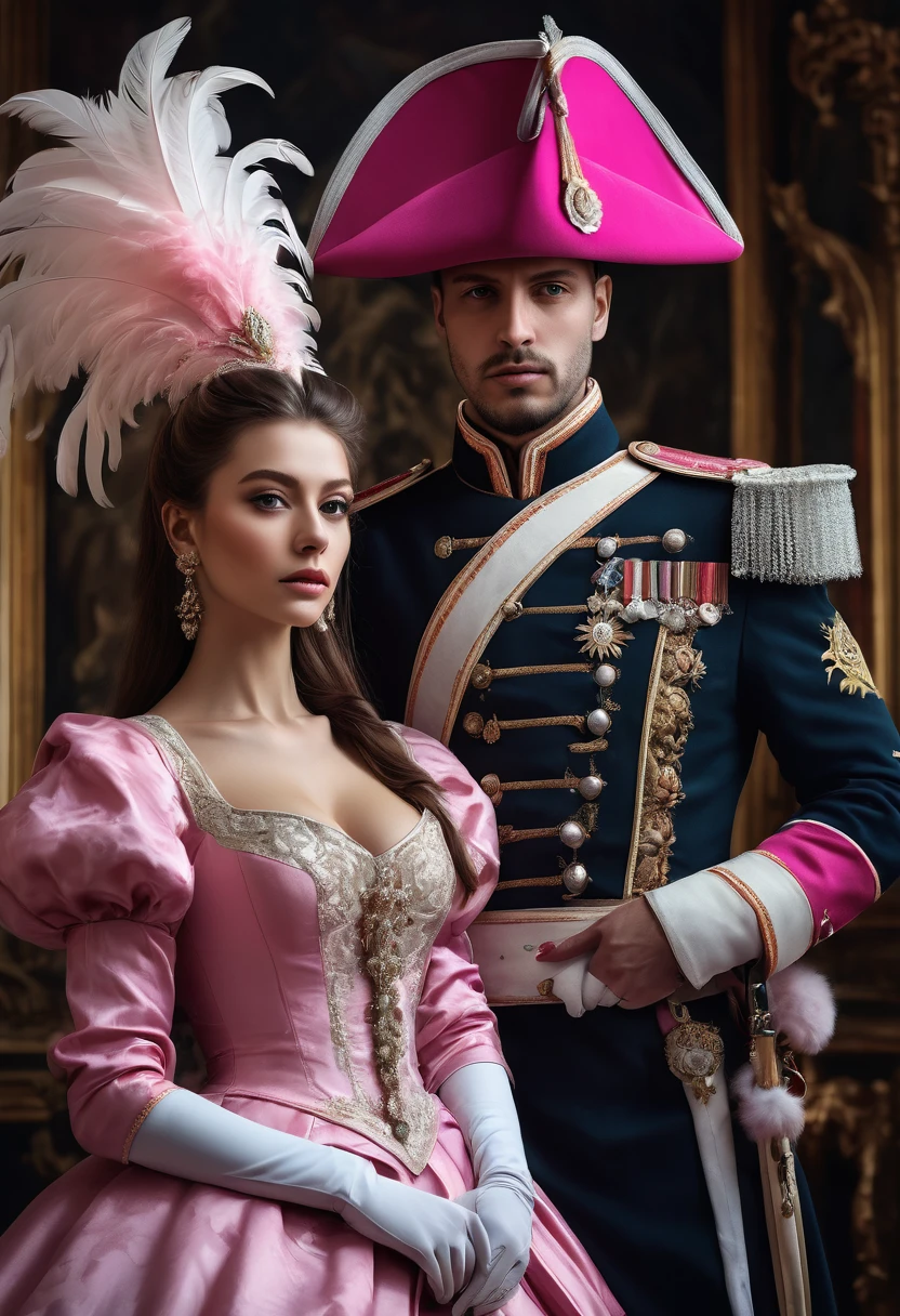 image of an elegant hussar with a kiver on his head and in a ceremonial uniform, next to him stands a beautiful lady in a silk dress with a deep neckline and a pink hat with a feather, masterpiece, best quality, (extremely detailed CG unity 8k wallpaper), (best quality), (best illustration), (best shadow), absurd, realistic lighting, (Abyss), beautiful detailed glow, art by Frédéric Soulacroix, by Peter Mohr Bacher,