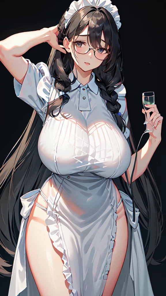 {{masterpiece}},high quality, 4K, 2D,1 girl,{simple gray background},(45 year old woman,mature female:1.2),standing,(sagging breasts:0.4),(gigantic breasts:1.3),maid, black hair,1 braid,impossible clothes, {from right in front of face and body},{front facing shot},Wear glasses