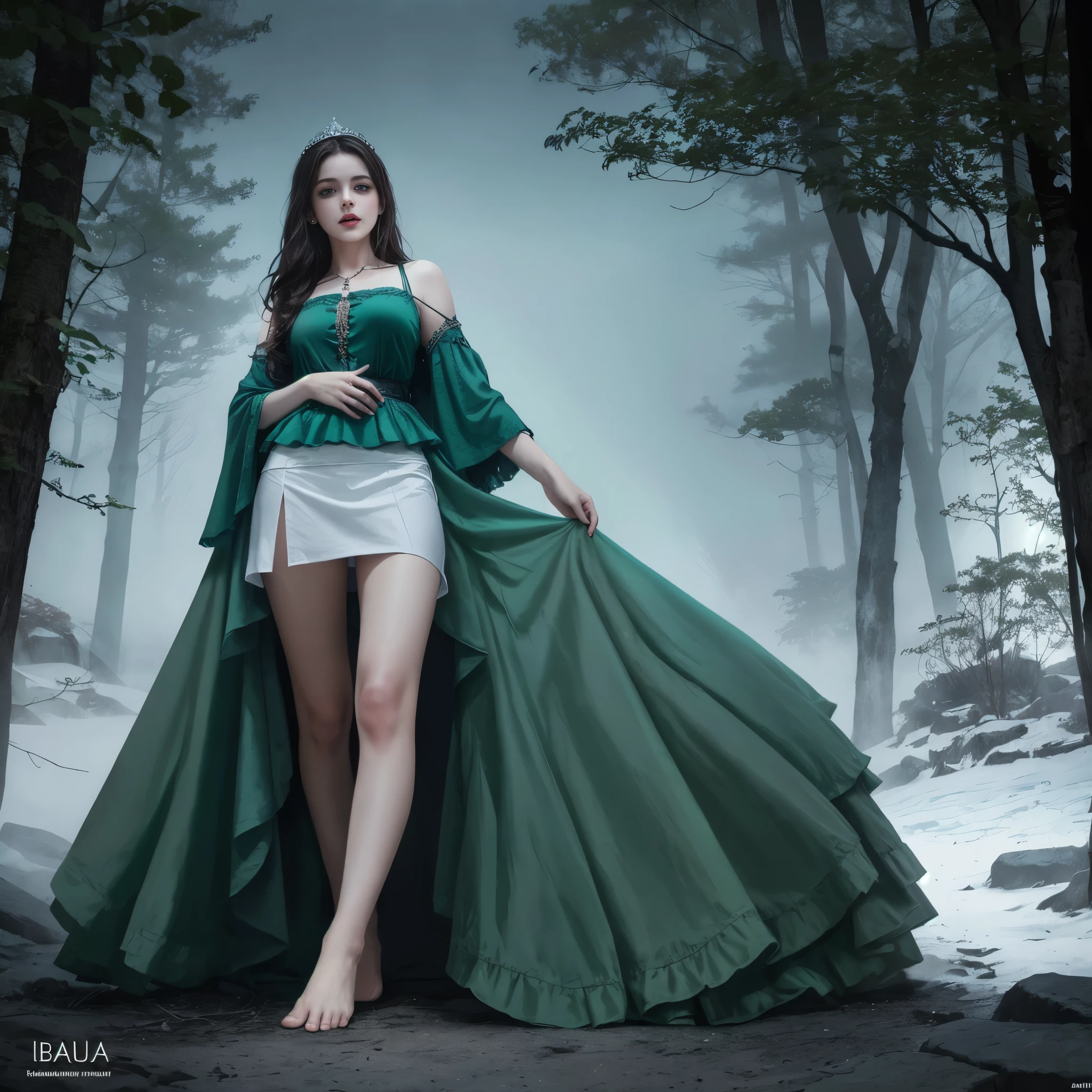 A highly detailed and hyper-realistic depiction of a princess in green skirt, in blue shirt, wearing white panties, Realistic hands. ((full body)), mybeauties, The perspective is from below. ((Full body, bare feet)). The character is surrounded by mist, evoking a mysterious and eerie atmosphere. The lighting is dark and atmospheric, with a red smoke adding a touch of sinister ambiance. The image is of the best quality, with a resolution of 4k and HDR enhancement, showcasing the utmost level of detail and realism, sfw, full body shot.