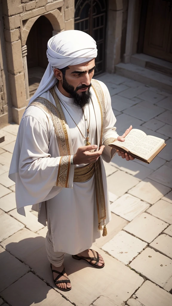 An arabic man with shabby white clothes. Preaching in front of people. The image taken from above.