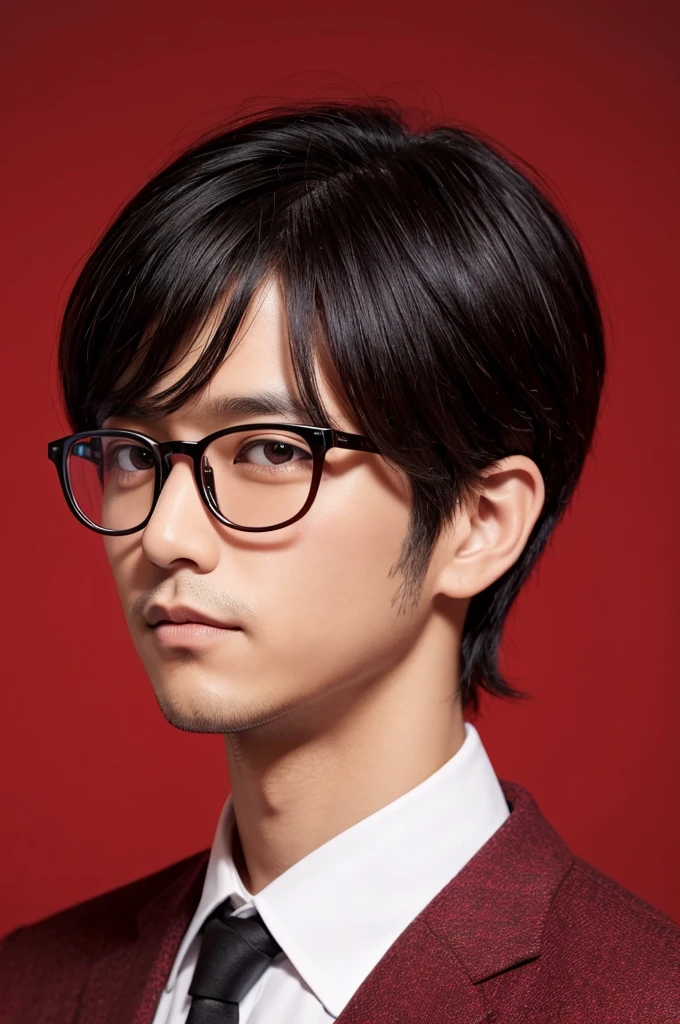 Manga style、37-year-old male、Black short hair、Teardrop shaped glasses、Red background