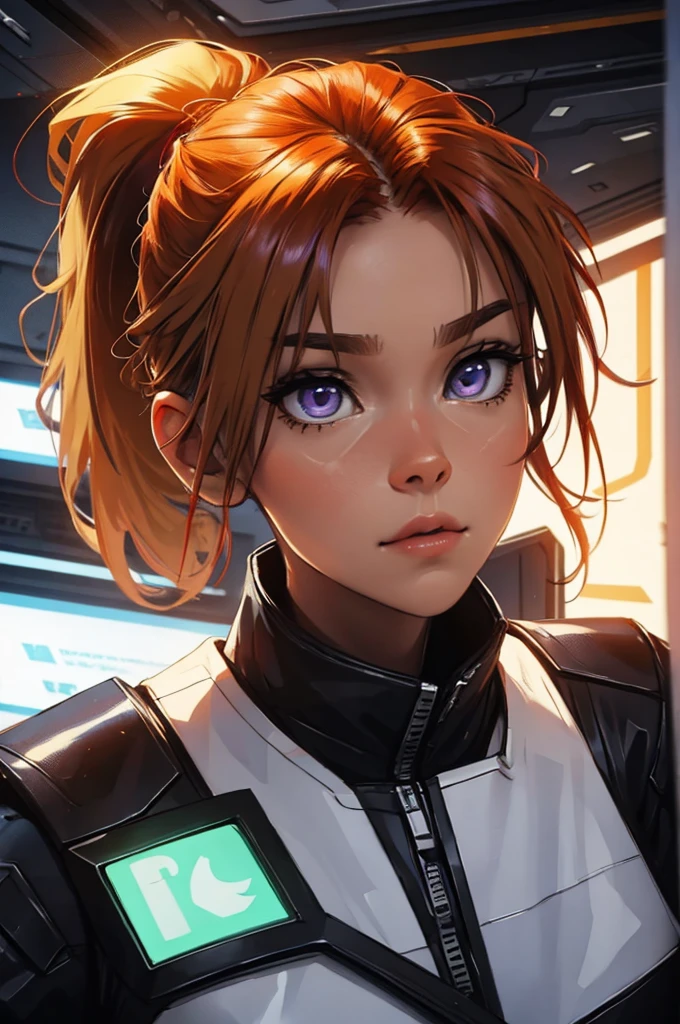 black and gold, ponytail hair, no-helmet, red hair, ginger, mature girl, super beautiful, super blue and orange, purple., fiery red, red hair, portrait, light vintage blonde color hair, scientist character, female, super strong, female, blonde and silver clothing, cyberpunk female, short blonde hair, portrait, close-up, in a spaceship hangar, a female in a sci-fi jumpsuit with led lights making shapes, she has short light green hair, purple eyes, silver clothing.