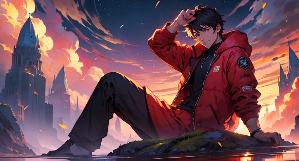 Man holding a pen thoughtfully, bitcoin coins falling from the sky, background crimson sky 