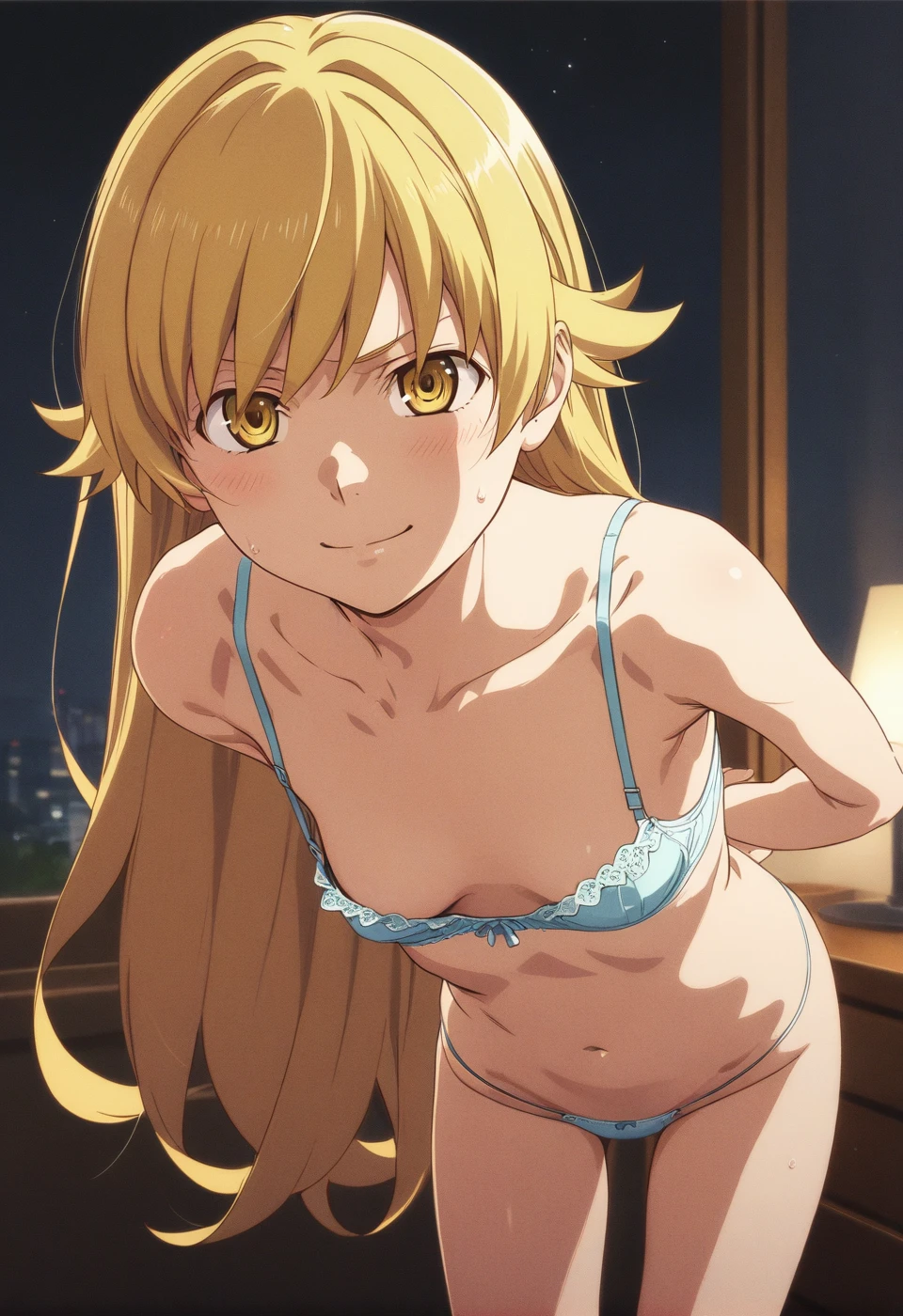 best quality, amazing quality, very aesthetic, absurdres, (1girl, oshino shinobu, monogatari \(series\), solo, blonde eyes, blonde hair, small breasts),(string panties, bra:1.8), (night, thigh:1.3), (cowboy shot), (16yo), (from above0.7), (long hair, adult), (bent over, arms behind back:1.4), (blush:0.7), angry, expressive eyes, perfect face, 4k, extremely detailed anime illustration, extremely detailed eyes, perfect anatomy, light rays, extremely delicate body, smooth skin, (bedroom background:1.5), clear eyes, beautiful face, smiling at viewer, (anime style:1.7), (cinematic Light:1.5), (highres:2),