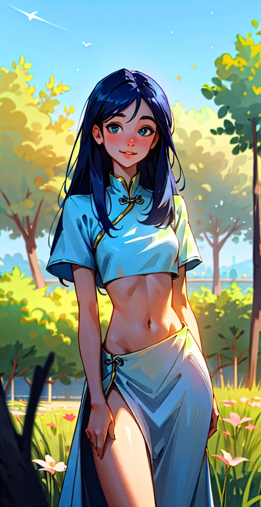 masterpiece, best quality, gorgeous pale american cute girl, smiling, (crop top), blue hair, straight hair, old chinese clothes, lean against a tree, field, flowers smiling, perfectly symmetrical face, detailed skin, elegant, alluring, attractive, amazing photograph, breathtaking, atmospheric perspective, diffusion, pore correlation, skin imperfections, DSLR, 80mm Sigma f2, depth of field, intricate natural lighting, looking at camara,, latex, golden eyes, femdom, view from down, very long hair, old chinese dress, Samantha, night, stars, blue eyes 