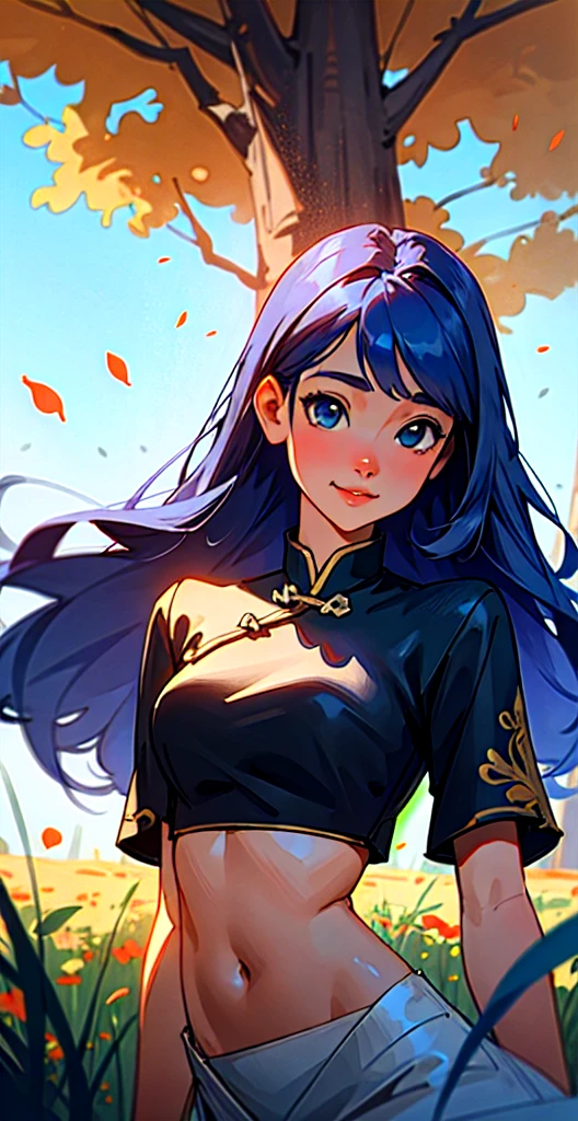 masterpiece, best quality, gorgeous pale american cute girl, smiling, (crop top), blue hair, straight hair, old chinese clothes, lean against a tree, field, flowers smiling, perfectly symmetrical face, detailed skin, elegant, alluring, attractive, amazing photograph, breathtaking, atmospheric perspective, diffusion, pore correlation, skin imperfections, DSLR, 80mm Sigma f2, depth of field, intricate natural lighting, looking at camara,, latex, golden eyes, femdom, view from down, very long hair, old chinese dress, Samantha, night, stars, blue eyes 