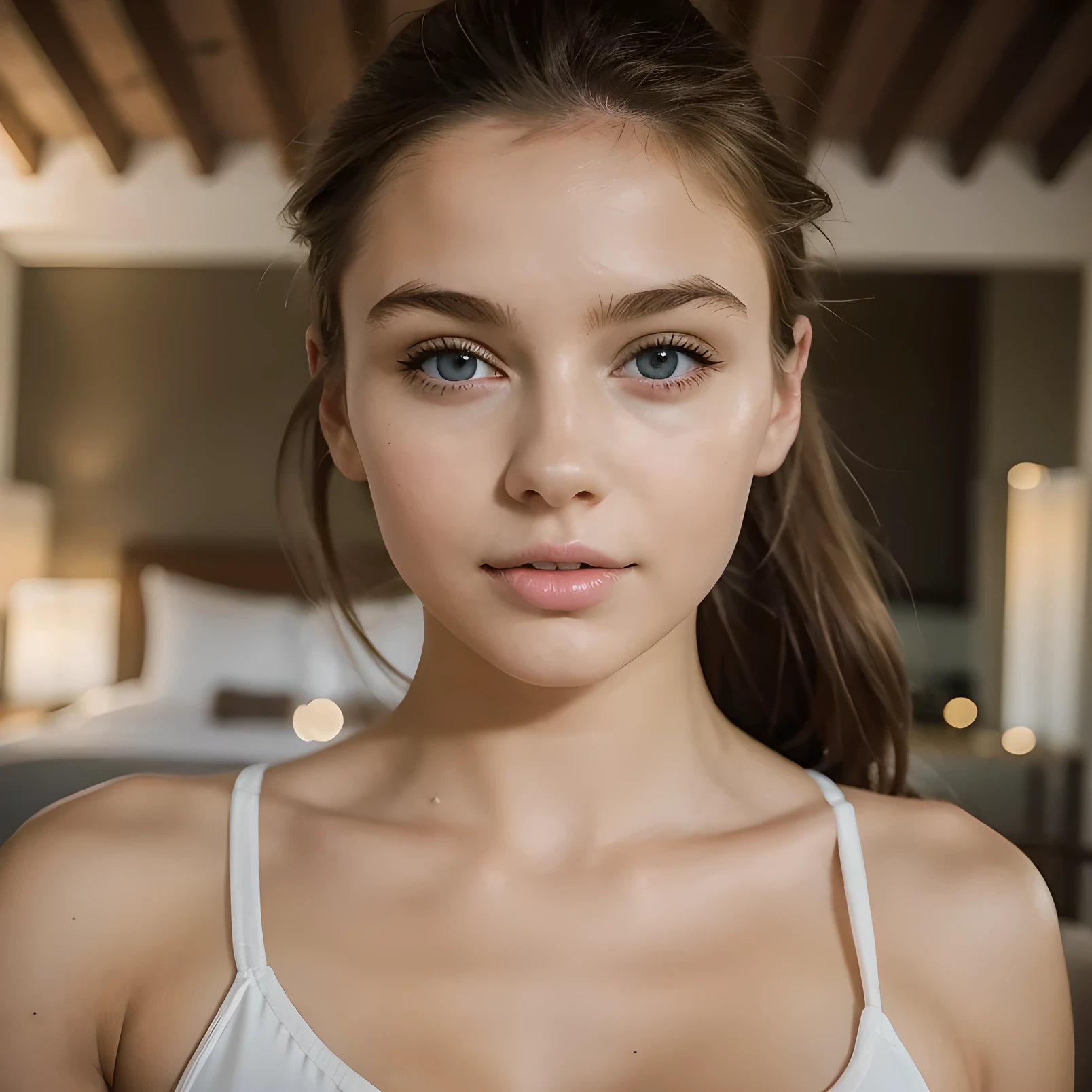 girl sitting on the edge of a bed in a hotel, bare lush breasts, light blond hair