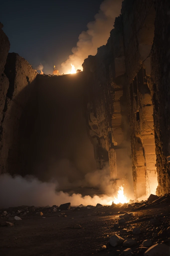 pit opening in the ground rising smoke at night