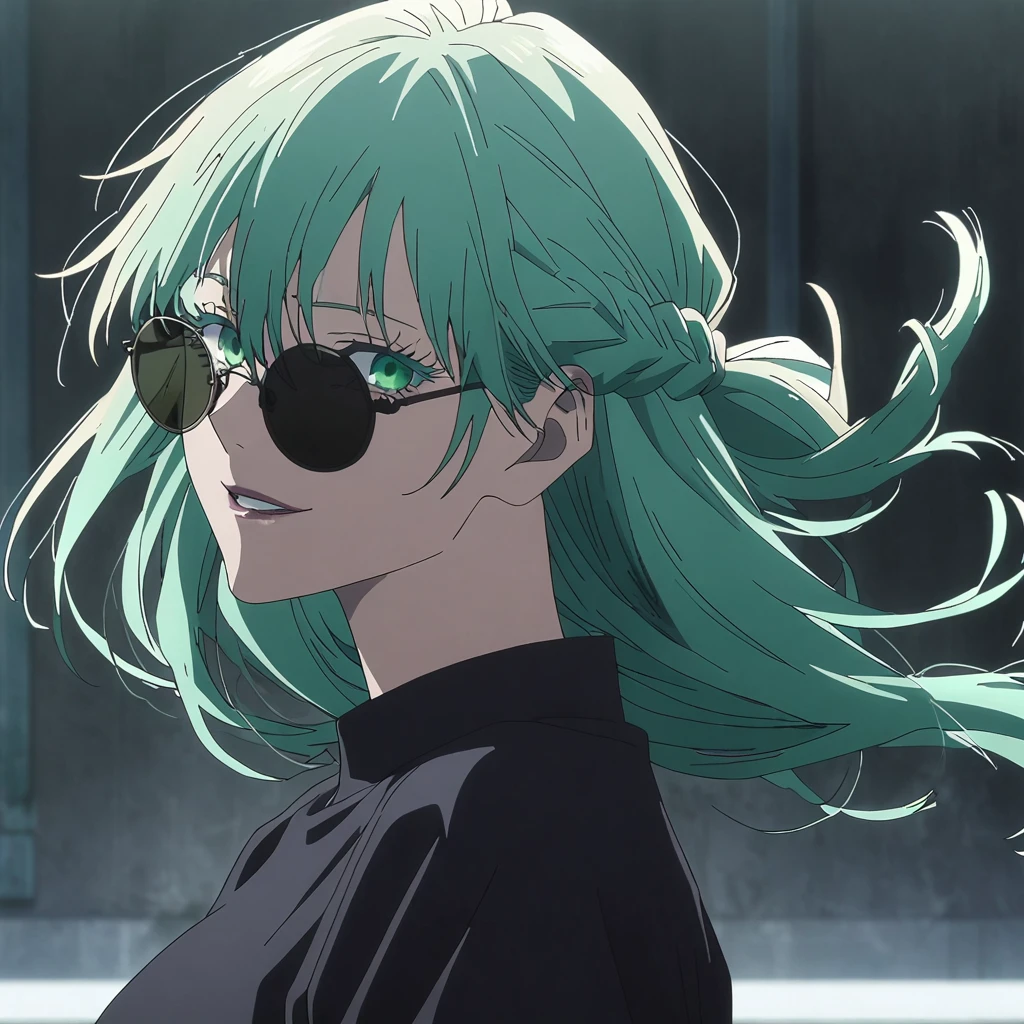 1girl, female gojo satoru, anime screencap from jujutsu kaisen, gojo satoru female version, solo, long_Green hair, hair strands, french braid, black round sunglasses, Green Eyes, parted_lips, smiling, looking_at_viewer, perfect background, indoors, side view, white_hair, bangs, eyelashes, portrait, black_shirt, shirt, hair_between_eyes, floating hair, (hair strands, french braid) ((shot from behind))