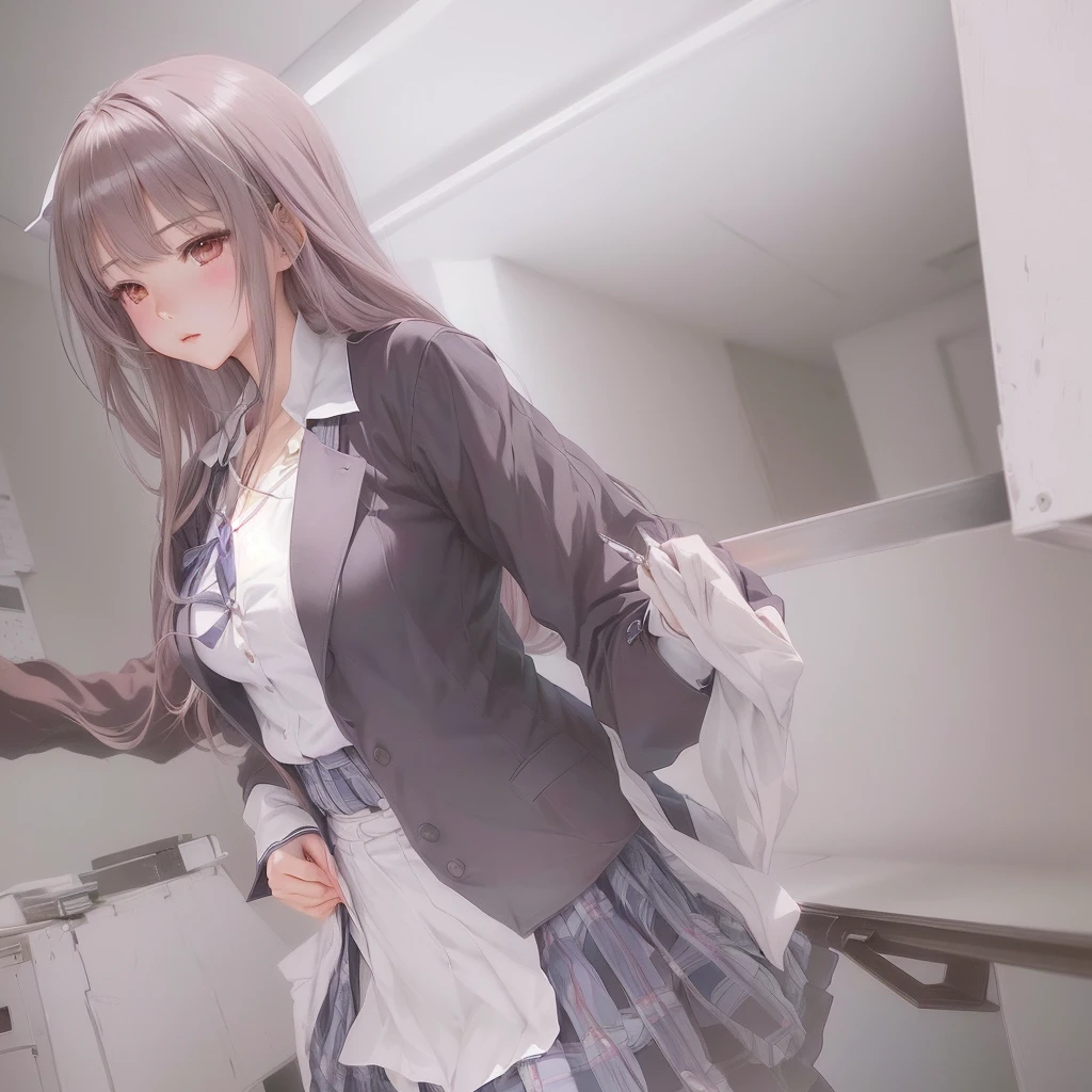 Anime girl holding knife and knife, Smooth anime CG art, Soft anime illustration, Visual novel cg, Realistic school girl, Beautiful and detailed anime art, Beautiful anime school girl, hyperRealistic school girl, Painted in an anime artist's studio, Surreal , ; Visual novel, Fine details. Girls' Frontline, Girls' Frontline cg, Seductive anime girl she is a japanese woman she is . she is very skinny. Her shoulders are very narrow. she is naked. her breasts are small. She is 170 cm tall. She weighs 35kg. She has a transparent pink cunt exposed. She draws the female genitalia clearly.Her outline is thin and she doesn't use black, A sweet look in love. Her cheeks are dyed red. Japanese painting. pale watercolor. Do not draw outlines.The uterus and vagina are visible through the skin. The skin is transparent and the organs are visible.Very thin, small breasts, thin legs Pink straight hair, brown eyes, A short skirt with a checkered pattern, a tie of the same color as the skirt, and a navy blue blazer.Female genitalia exposed. with an anarchic color scheme.A Japanese high school girl is coming home from school and changing her clothes, exposing her skin.She is wearing a navy blazer, a plaid/checkered skirt, black knee-high socks, and has long pink hair, wearing glasses.The genitals are exposed and conspicuous.I'm changing clothes in my room and I'm naked. She doesn't even wear underwear.Do not draw outlines. A pale watercolor painting. Color saturation is low.
