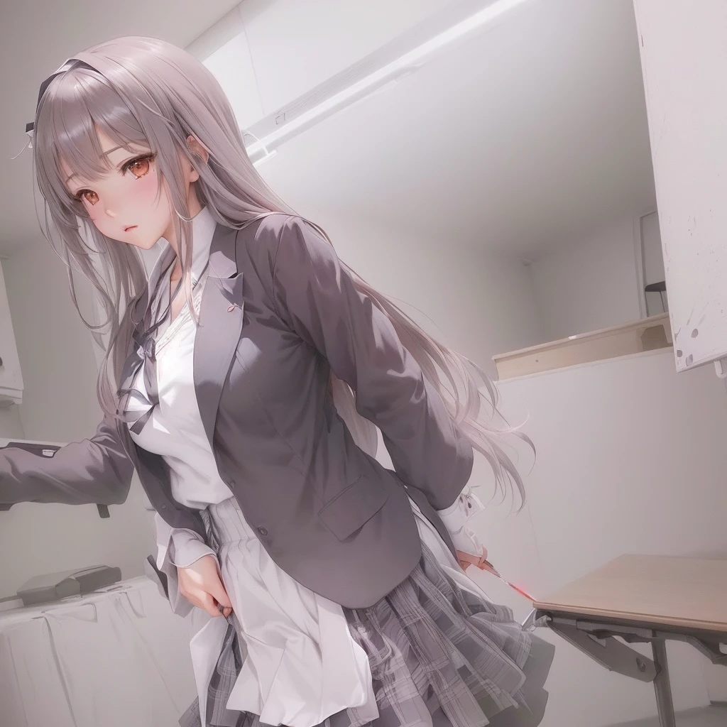 Anime girl holding knife and knife, Smooth anime CG art, Soft anime illustration, Visual novel cg, Realistic school girl, Beautiful and detailed anime art, Beautiful anime school girl, hyperRealistic school girl, Painted in an anime artist&#39;s studio, Surreal , ; Visual novel, Fine details. Girls&#39; Frontline, Girls&#39; Frontline cg, Seductive anime girl she is a japanese woman she is 17 years old. she is very skinny. Her shoulders are very narrow. she is ?????. her breasts are small. She is 170 cm tall. She weighs 35kg. She has a transparent pink ???? exposed. She draws the female ????????? clearly.Her outline is thin and she doesn't use black, A sweet look in love. Her cheeks are dyed red. Japanese painting. pale watercolor. Do not draw outlines.The uterus and vagina are visible through the skin. The skin is transparent and the organs are visible.Very thin, small breasts, thin legs Pink straight hair, brown eyes, A short skirt with a checkered pattern, a tie of the same color as the skirt, and a navy blue blazer.Female genitalia exposed.  with an anarchic color scheme.A Japanese high school girl is coming home from school and changing her clothes, exposing her skin.She is wearing a navy blazer, a plaid/checkered skirt, black knee-high socks, and has long pink hair, wearing glasses.The genitals are exposed and conspicuous.I'm changing clothes in my room and I'm naked. She doesn't even wear underwear.Do not draw outlines. A pale watercolor painting. Color saturation is low.