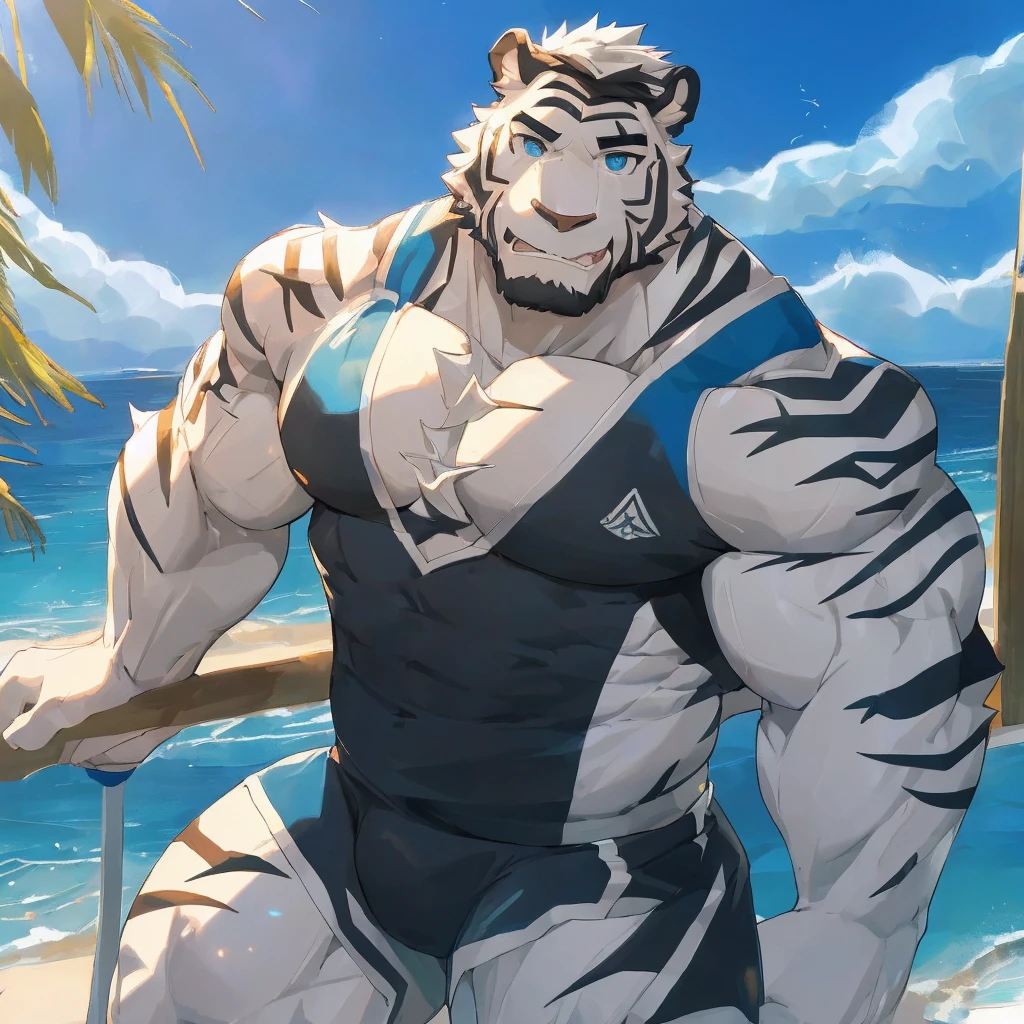 masterpiece,best quality,beach,ocean,Sunlight,Male focus,Tiger-type orcs,(Sporty:1.5), (White fur,Black eyebrows:1.5), Agate Eye,Black pupil,Black Nose,Five fingers,Strong body,Pectoralis major,Eight-pack abs,Exposes the pectorals and abs,Transparent skinny swimsuit,Smirk,Symmetrical pattern