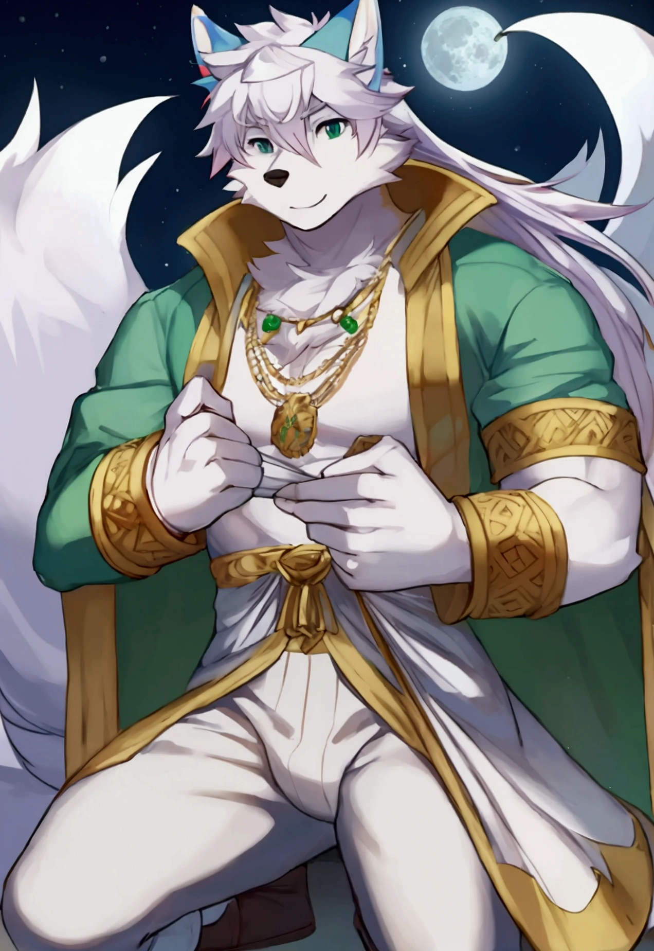 Nine-tailed Fox Beastman,White hair,male,20 years old,Light blue, light purple, and light pink hair mixed in with long white hair,Holding a folding fan in his hand,Middle boots,Moon white robe,White gauze outer,Wearing gloves on left hand,There is a green jade pendant on the waist。