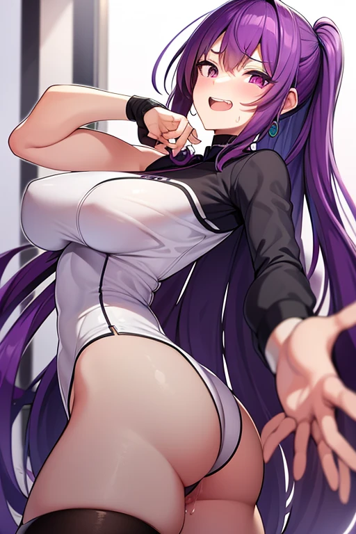 highquality, Purple Hair, Asymmetrical long hair, side, sideを強調, Raise your arms, Penis, penis, sperm, 大量のSweat, Sweat, Double teeth