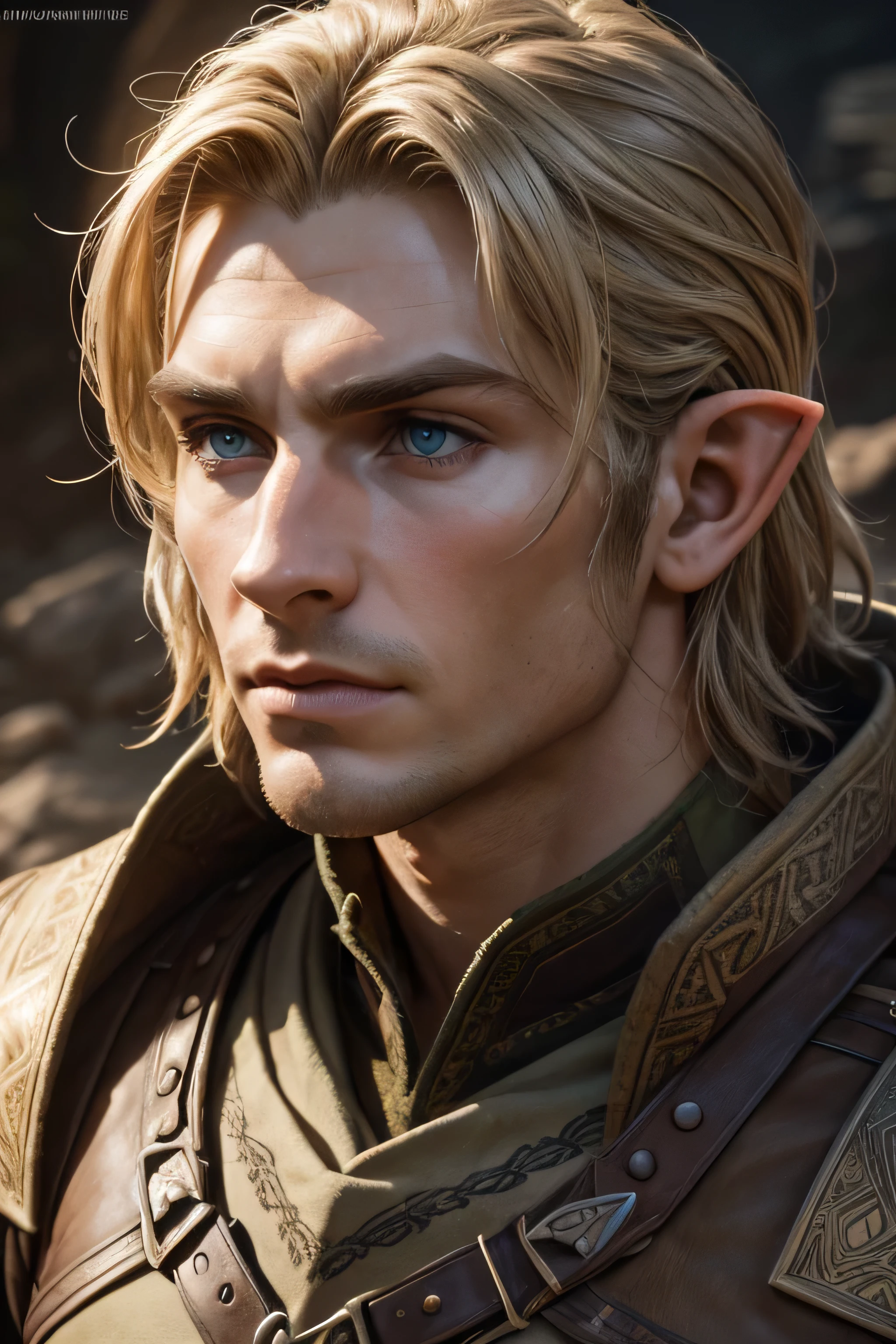 (8K, high definition, high quality, highly detailed) Handsome half- elf. young. masculine. square jaw. hunter eyes. squinted eyes. headshot. wearing middle-earth tunic. looking away from the camera. dramatic lighting.