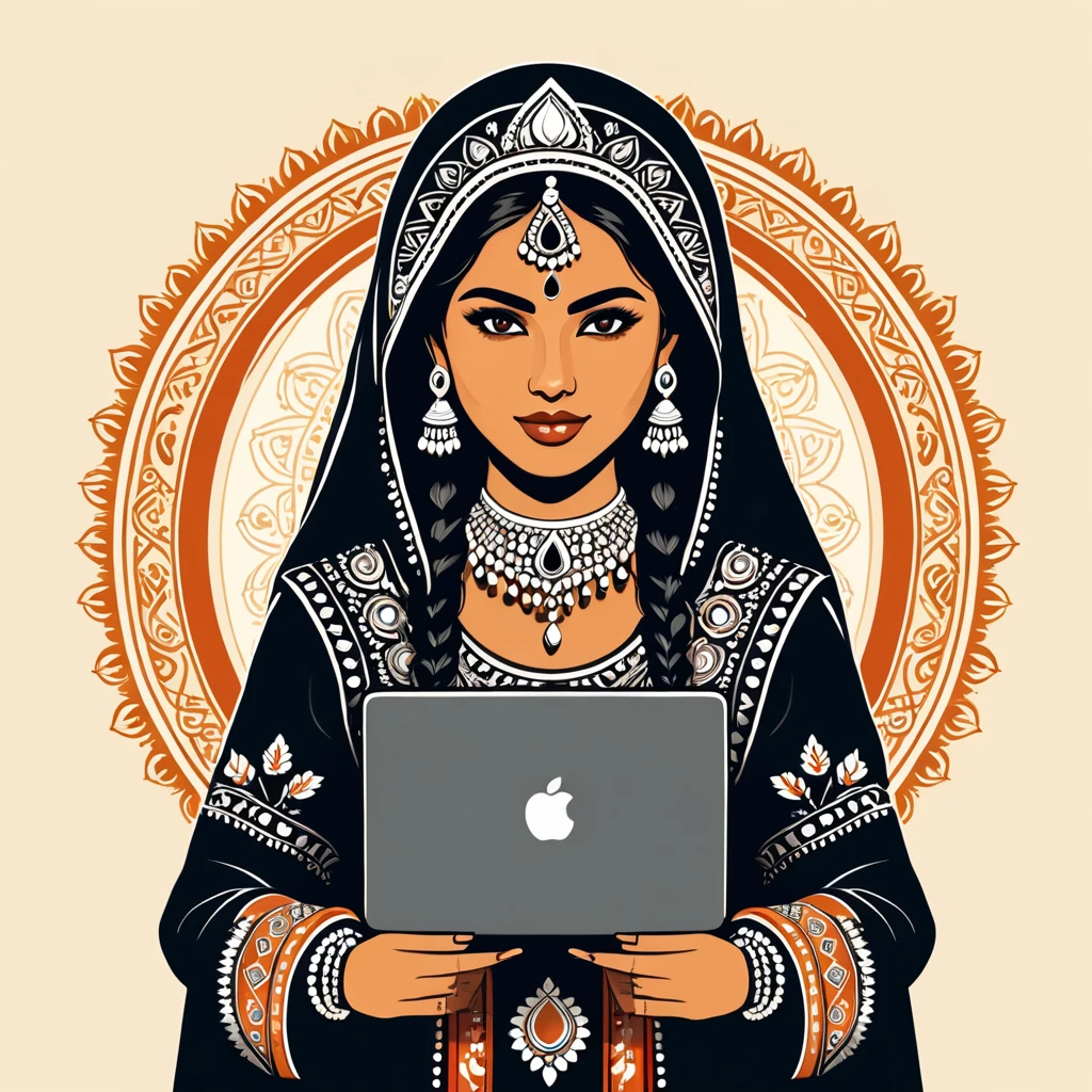 female hacker in indian folk outfit, vector graphics, strong contours, logo design