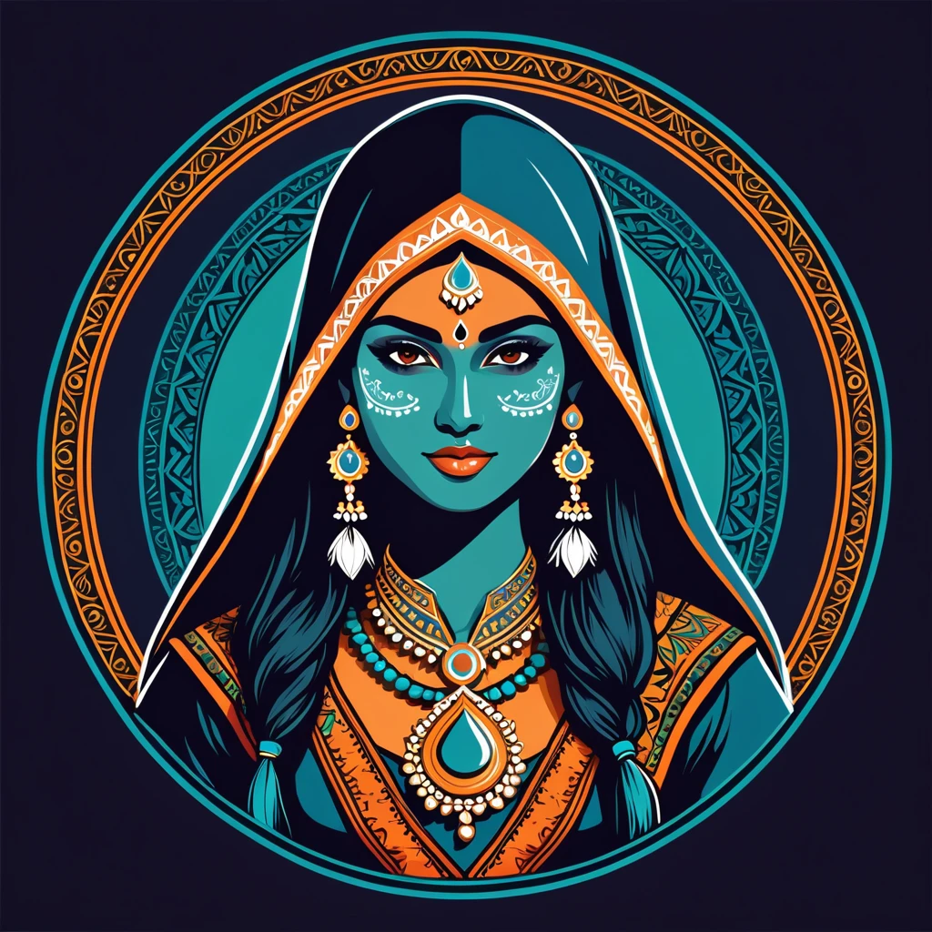 female hacker in indian folk outfit, vector graphics, strong contours, logo design