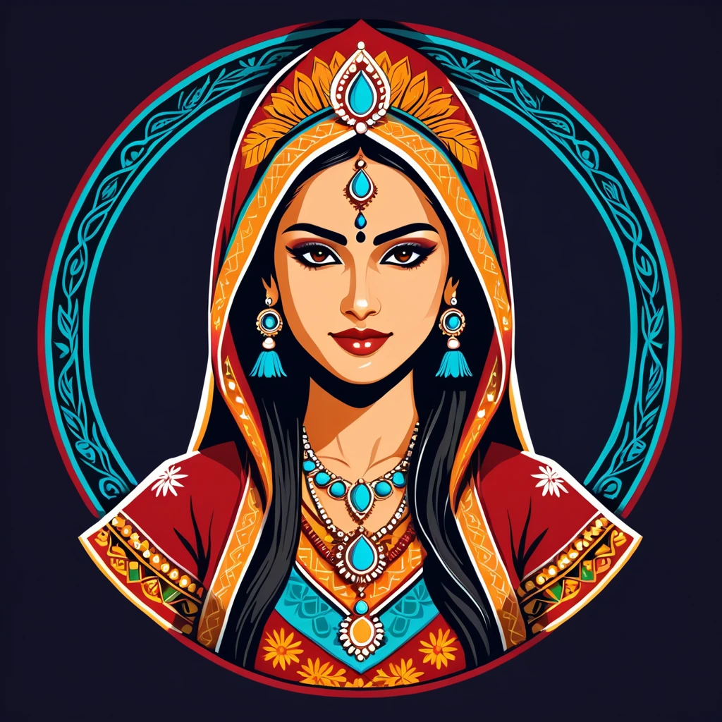 female hacker in indian folk outfit, vector graphics, strong contours, logo design