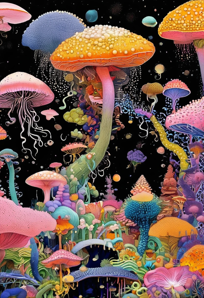 Strong visual fusion of multiple elements，Broto，Artists from the stars，house、Eye、Spore powder、Tentacles，Describing the inner world of autistic people，密集Pointillism method。Smooth lines。Strange illustration。Pointillism method。Trypophobia。Strong contrast。Award-winning works。
