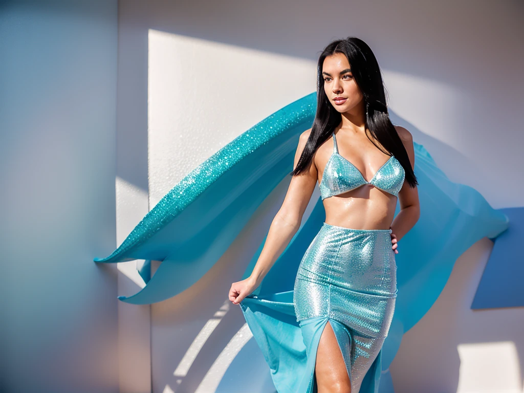 A beautiful woman with long, straight black hair wearing a pastel blue two-piece mermaid style dress with stylized shimmering details, full body portrait, studio photography, dynamic angles, high-quality, cinematic lighting, photorealistic Photoshoot concept ocean wáter creative idea 