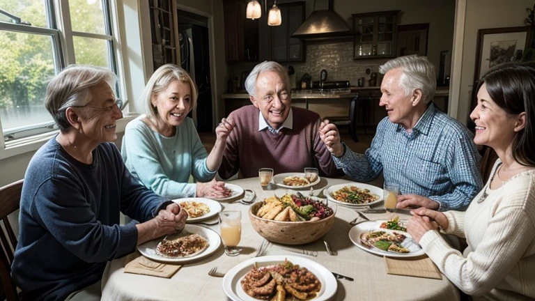 Family Scene Around the Table: A multi-generational family, including grandparents, parents and sons, is gathered around a table set for a meal. Everyone is holding hands, smiling and showing gratitude for the food and company. The atmosphere is welcoming, with soft light and details that show a home environment full of love and mutual respect.