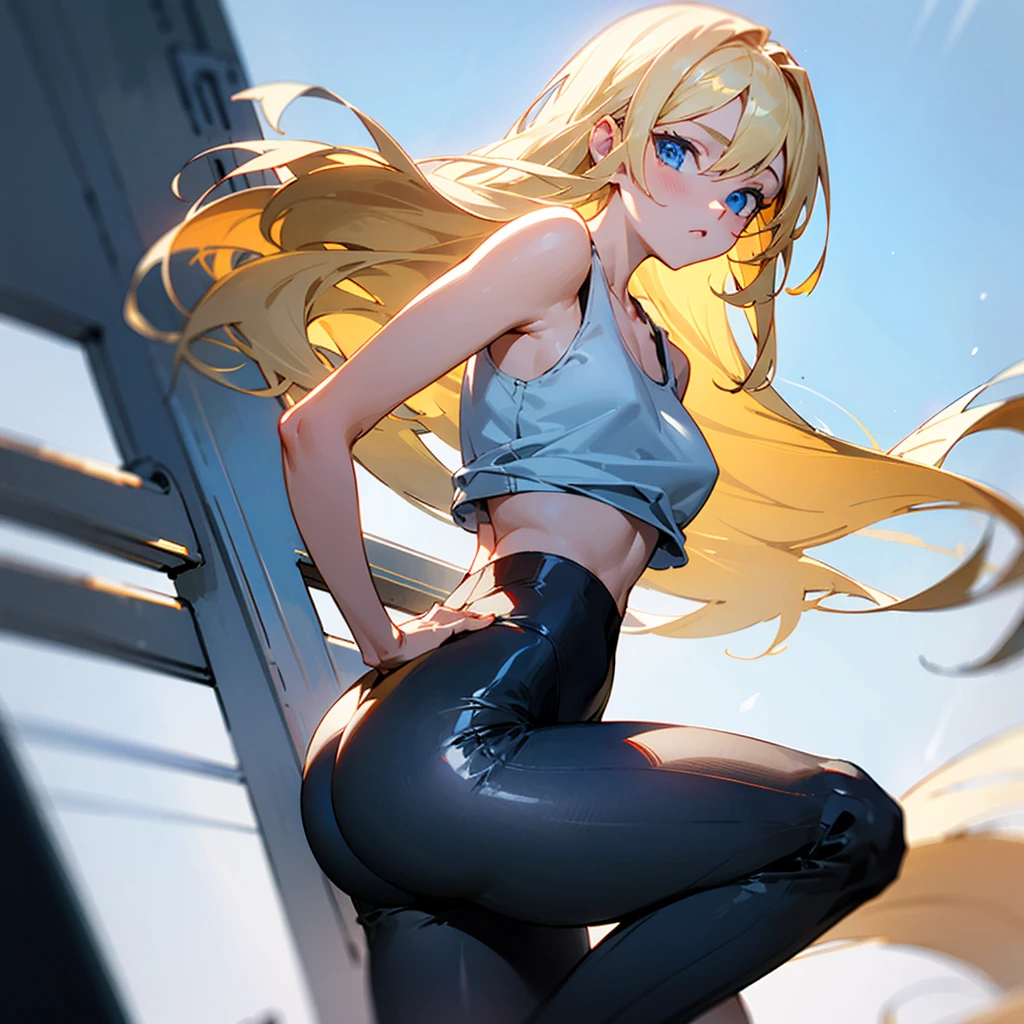 blonde girl, blue eyes, long blonde hair, white tank top, tight fitting black pants, buttocks.