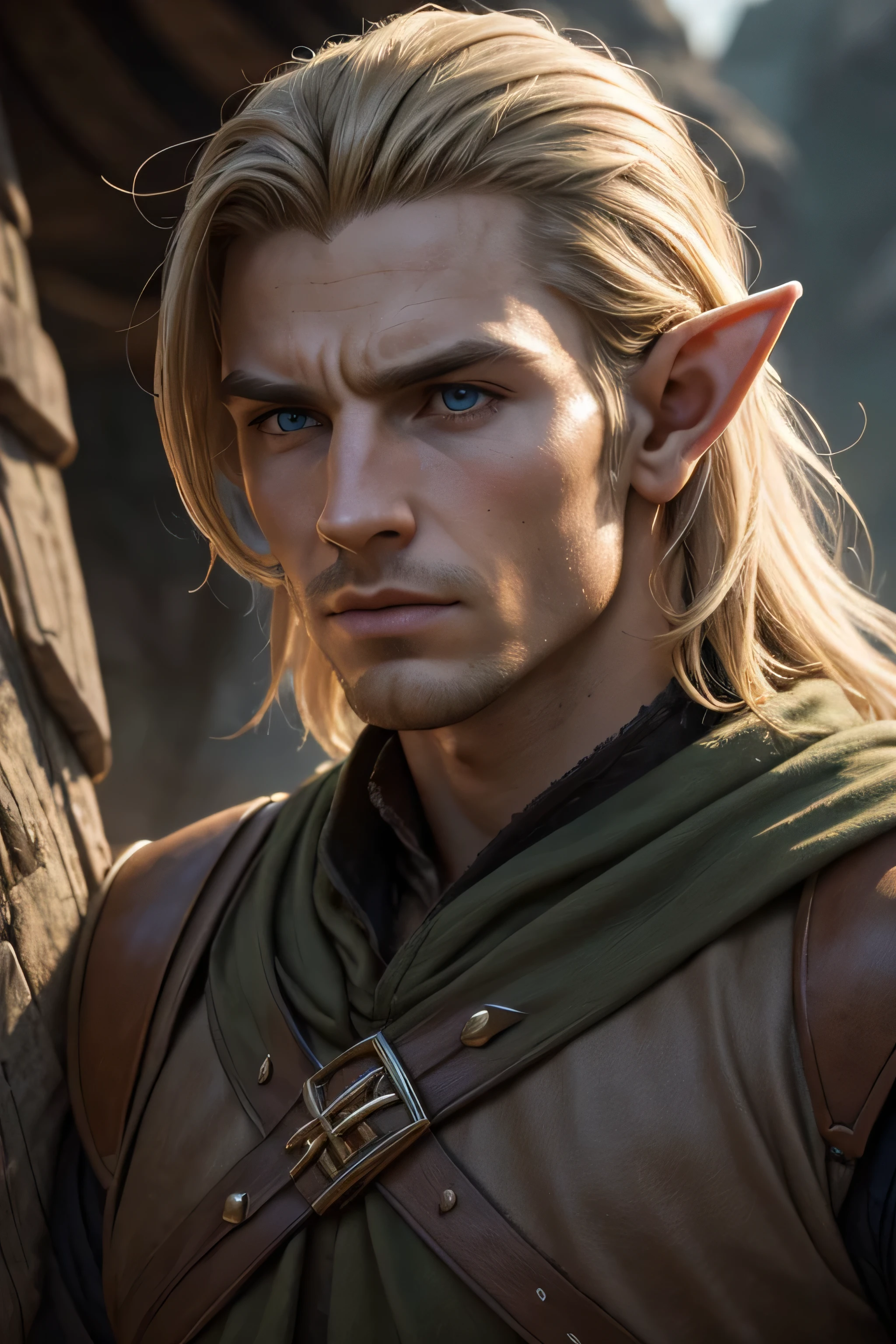 (8K, high definition, high quality, highly detailed) Handsome half- elf. young. masculine. square jaw. hunter eyes. squinted eyes. headshot. wearing middle-earth tunic. looking away from the camera. dramatic lighting.