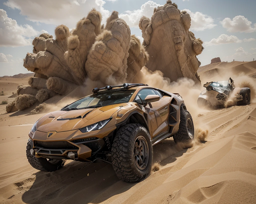 Generates an action scene in which a Lamborghini 4x4 races at high speed through a desert, raising clouds of dust and dodging dunes. As the Lamborghini moves forward, shows two cars colliding spectacularly on the horizon, with a large explosion of dust and debris. The Lamborghini remains in the foreground, while the impact behind generates a cloud of sand and flying fragments, in an arid and dramatic landscape.