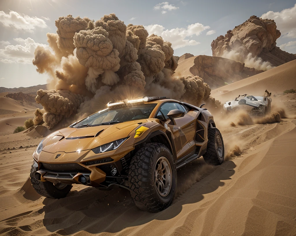 Generates an action scene in which a Lamborghini 4x4 races at high speed through a desert, raising clouds of dust and dodging dunes. As the Lamborghini moves forward, shows two cars colliding spectacularly on the horizon, with a large explosion of dust and debris. The Lamborghini remains in the foreground, while the impact behind generates a cloud of sand and flying fragments, in an arid and dramatic landscape.